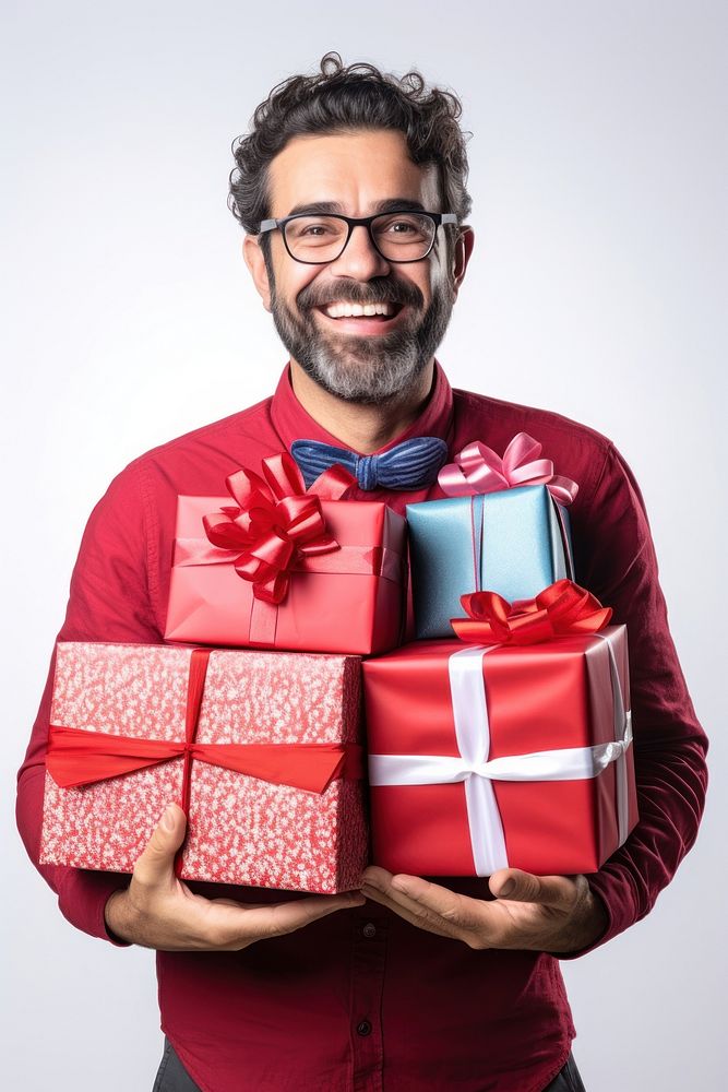 Man holding several gift boxes christmas glasses adult. AI generated Image by rawpixel.