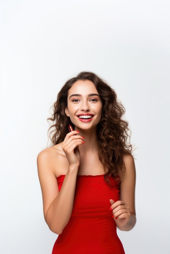 A Young woman holding lipstic portrait laughing adult. AI generated Image by rawpixel.