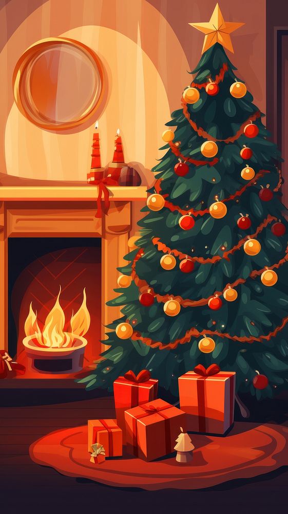 Christmas design concept decorated Christmas Tree Near Fireplace fireplace christmas tree. AI generated Image by rawpixel.