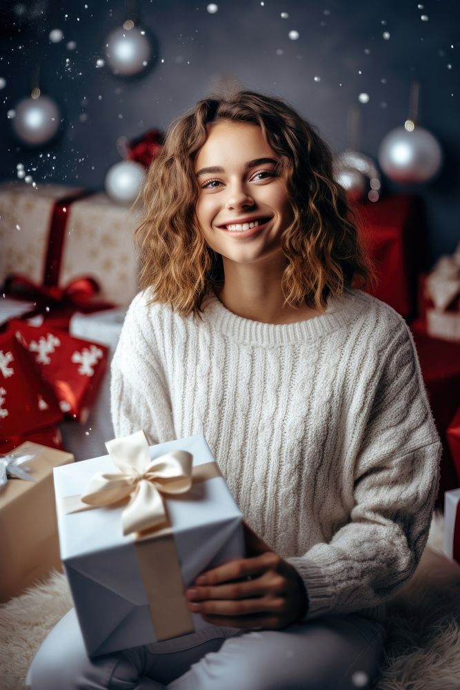 Sweater christmas holding smile. AI generated Image by rawpixel.