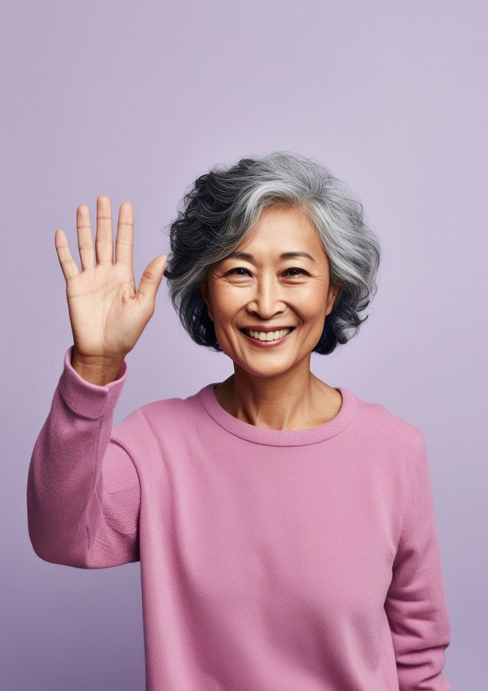Senior woman portrait smile hand. AI generated Image by rawpixel.