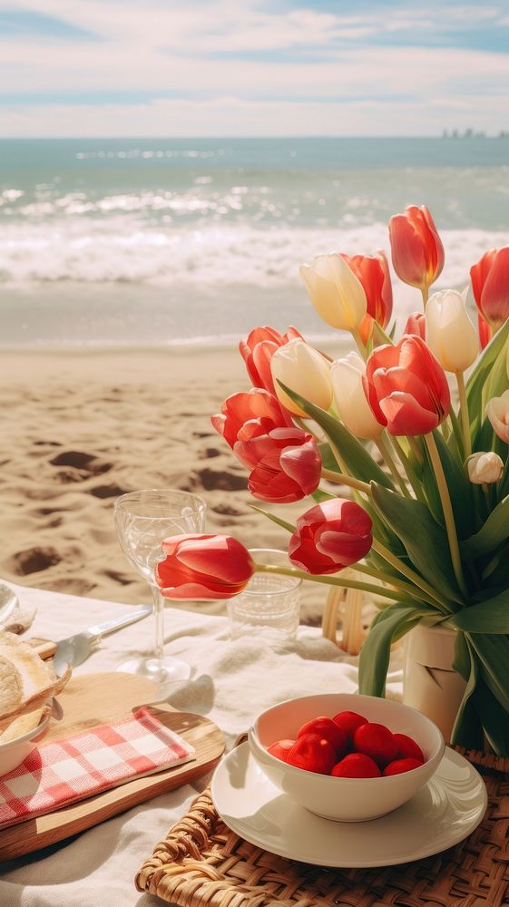 Beach picnic outdoors nature flower. AI generated Image by rawpixel.