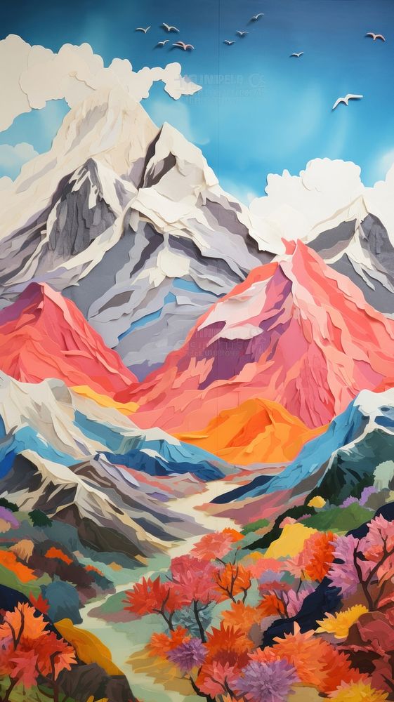 Mountains painting outdoors drawing. AI generated Image by rawpixel.