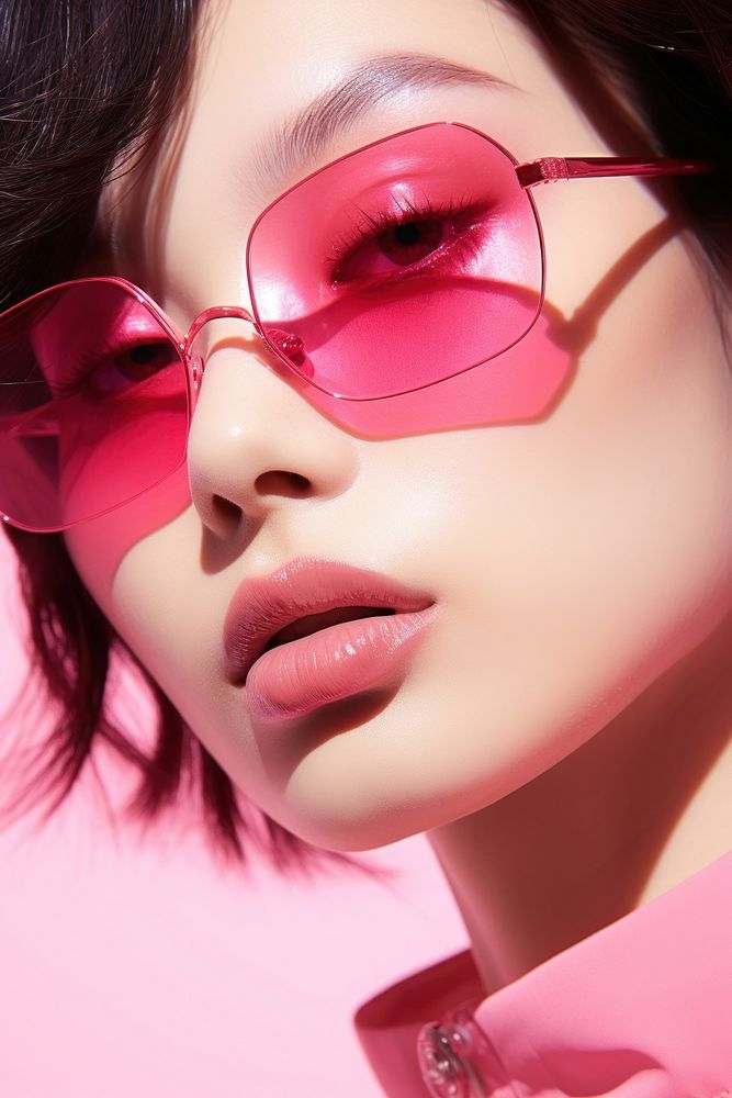 Asian woman wear fashionable pink sunglasses eyebrow adult accessories. AI generated Image by rawpixel.