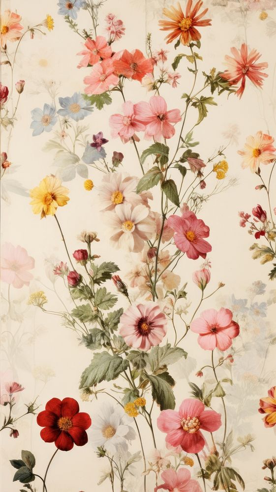 Pressed flowers aesthetic wallpaper painting pattern. 