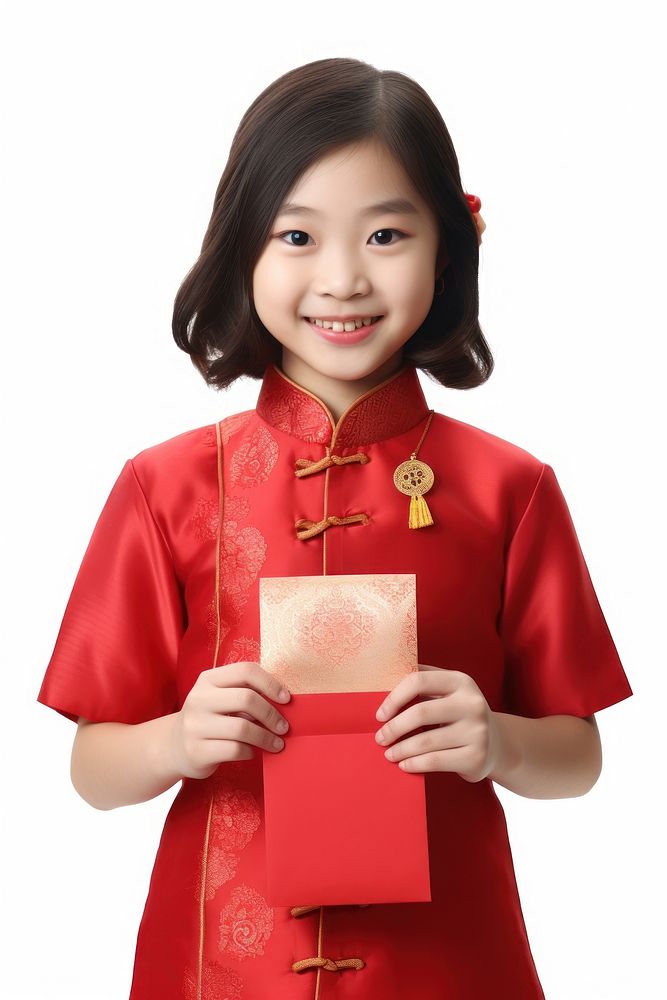 Young girl receiving red envelope adult chinese new year white background. AI generated Image by rawpixel.