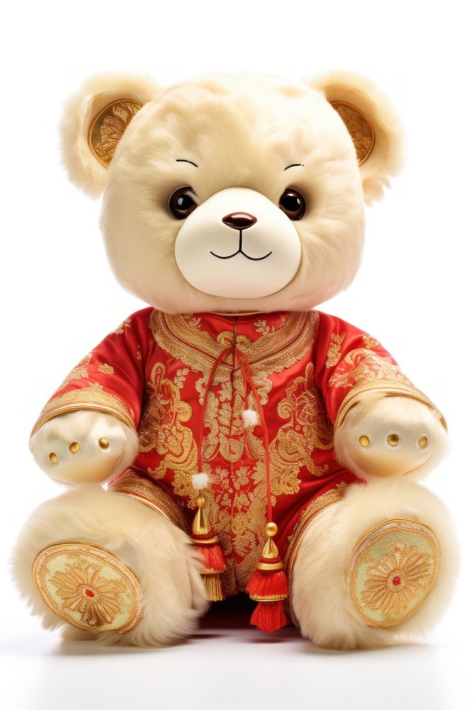 Chinese plush toy gold doll red. 