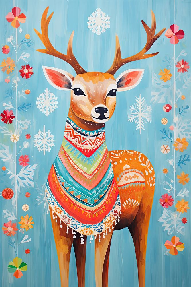 A deer wearing a festive Christmas scarf christmas drawing mammal. AI generated Image by rawpixel.