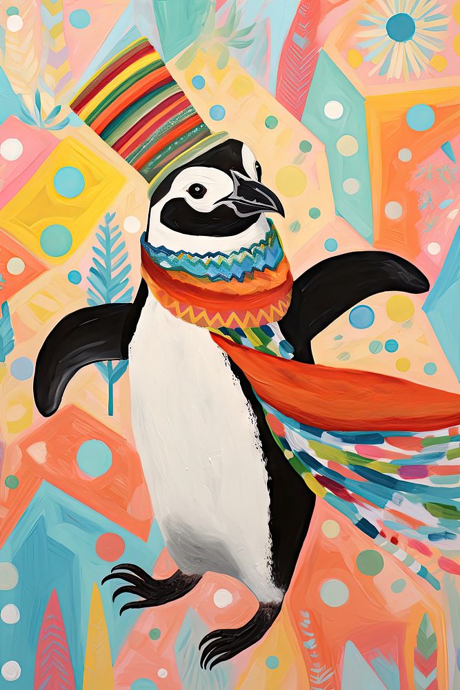 A panguin wearing a festive Christmas scarf painting penguin animal. 