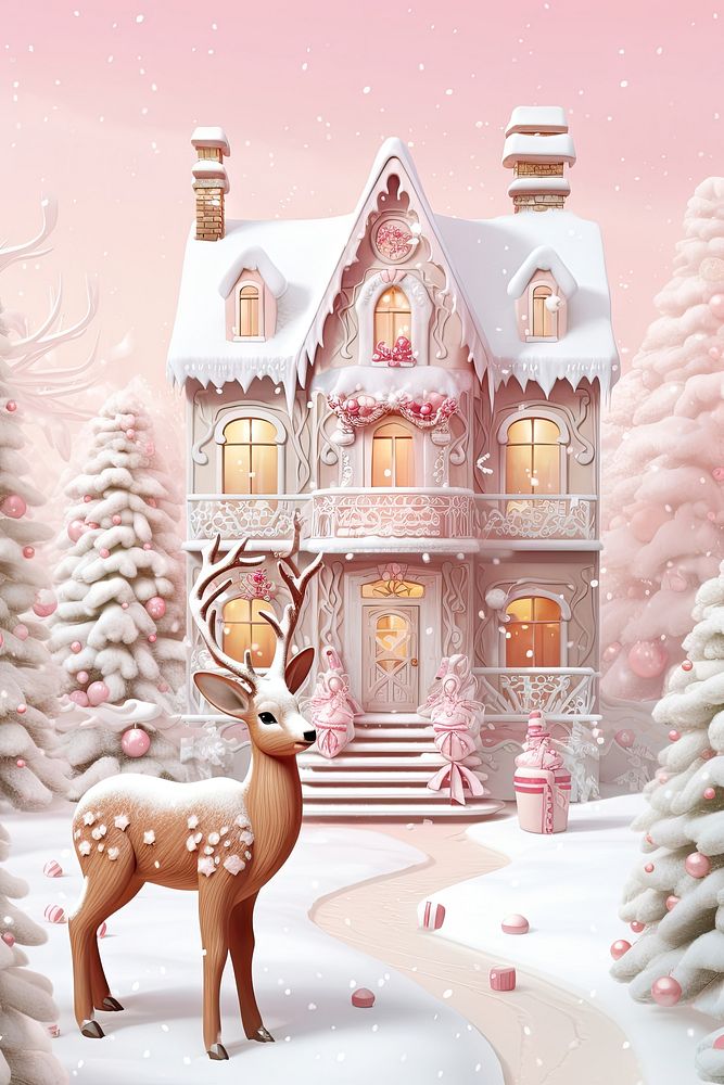 Gingerbread house christmas pink deer. AI generated Image by rawpixel.