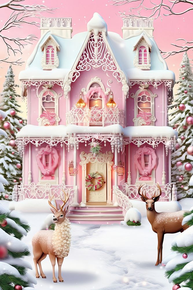 Gingerbread house christmas pink deer. AI generated Image by rawpixel.