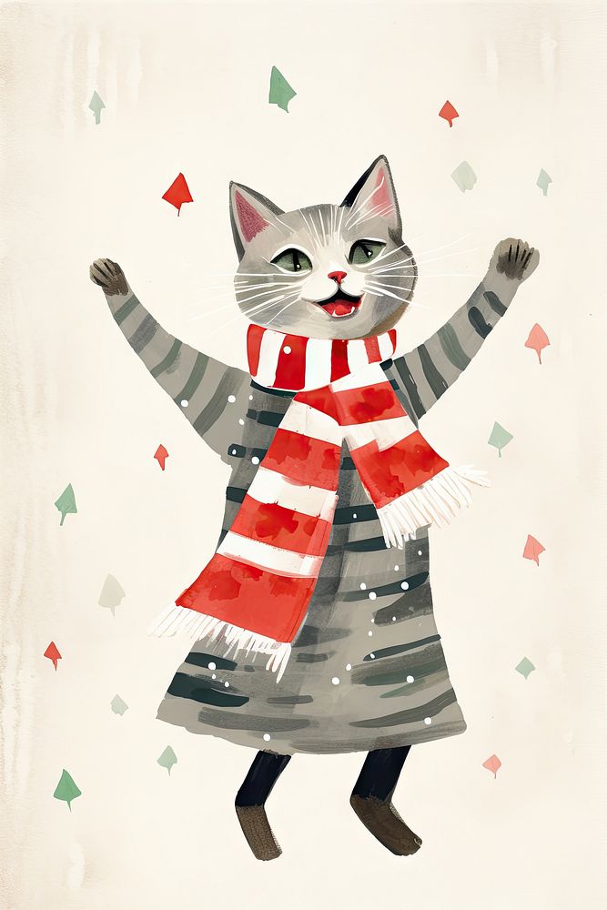 A festive cat wearing a Christmas scarf christmas mammal art. AI generated Image by rawpixel.