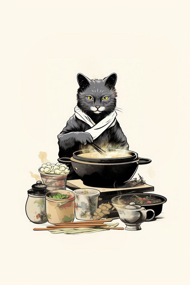 Edo era cat cooking like human animal mammal pet. AI generated Image by rawpixel.
