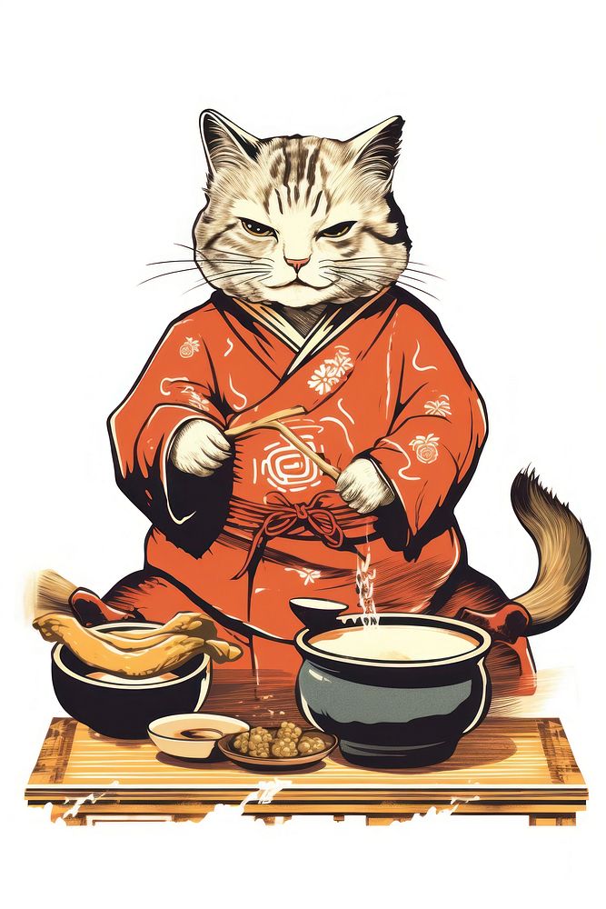Edo era cat cooking like human mammal pet representation. AI generated Image by rawpixel.