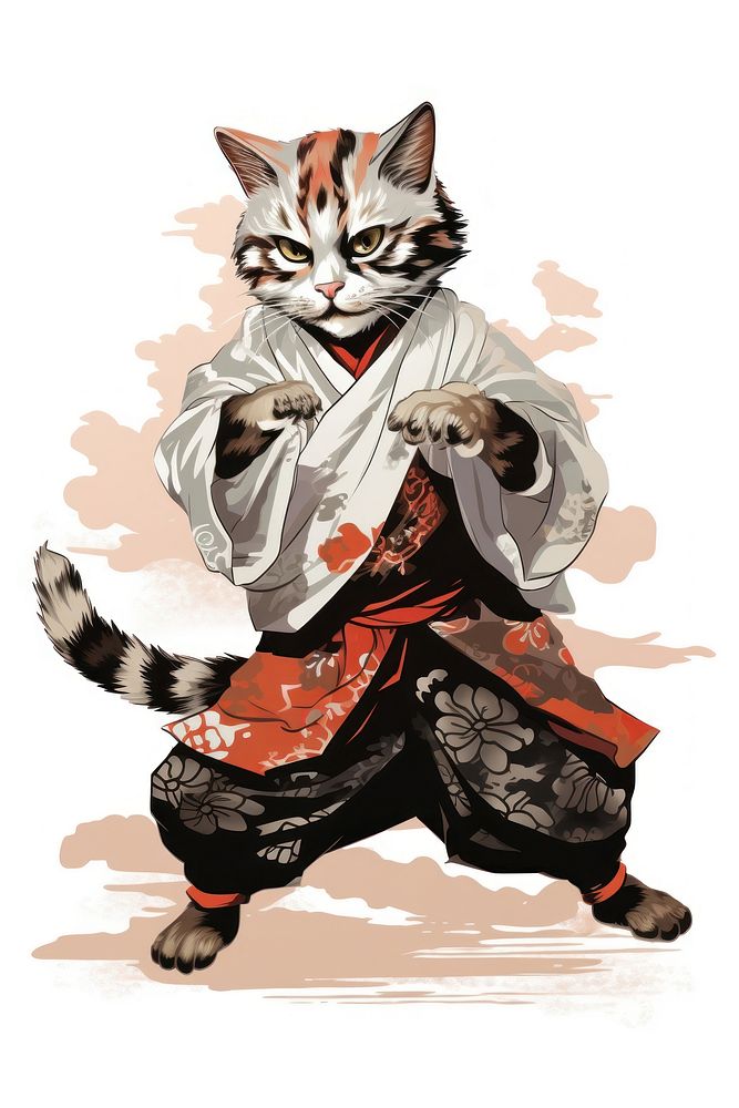 Edo era cat dancing white background representation publication. AI generated Image by rawpixel.