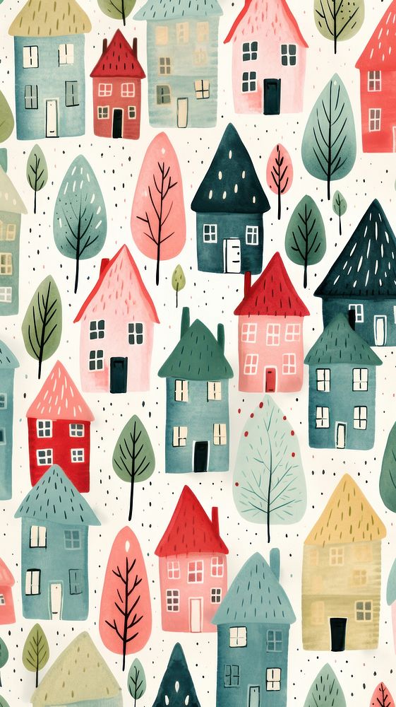 Festive christmas cottages pattern drawing art. AI generated Image by rawpixel.