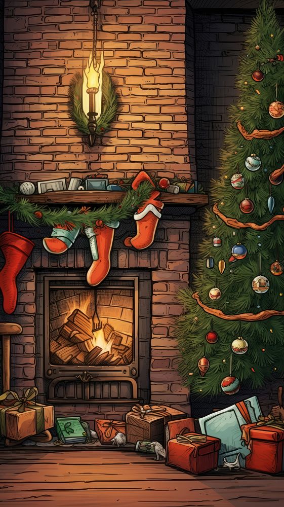 Cozy christmas fireplace architecture illuminated. AI generated Image by rawpixel.