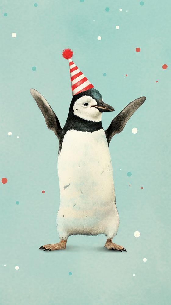 A Happy dancing penguin celebrating Christmas wearing Santa hat animal bird celebration. AI generated Image by rawpixel.