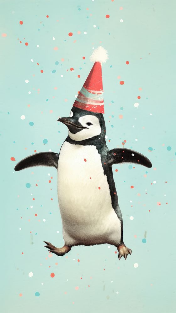 A Happy dancing penguin celebrating Christmas wearing Santa hat animal bird celebration. AI generated Image by rawpixel.