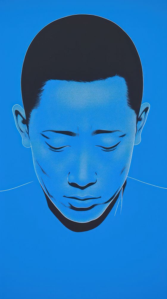 Sad chinese man portrait blue art. AI generated Image by rawpixel.