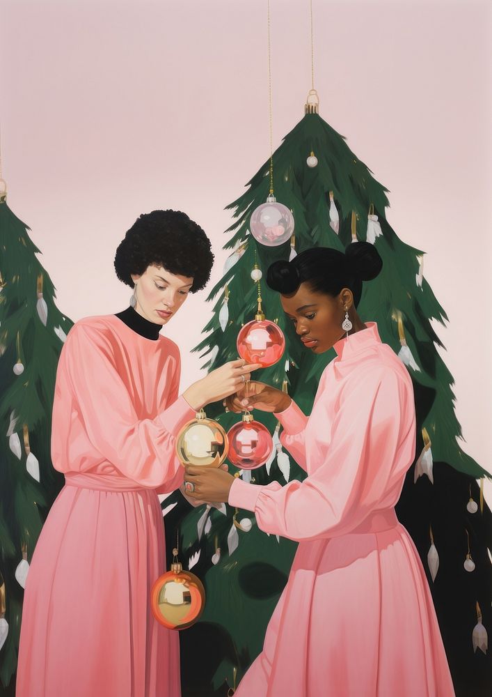 Hands place baubles around a pink christmas tree adult togetherness celebration. AI generated Image by rawpixel.