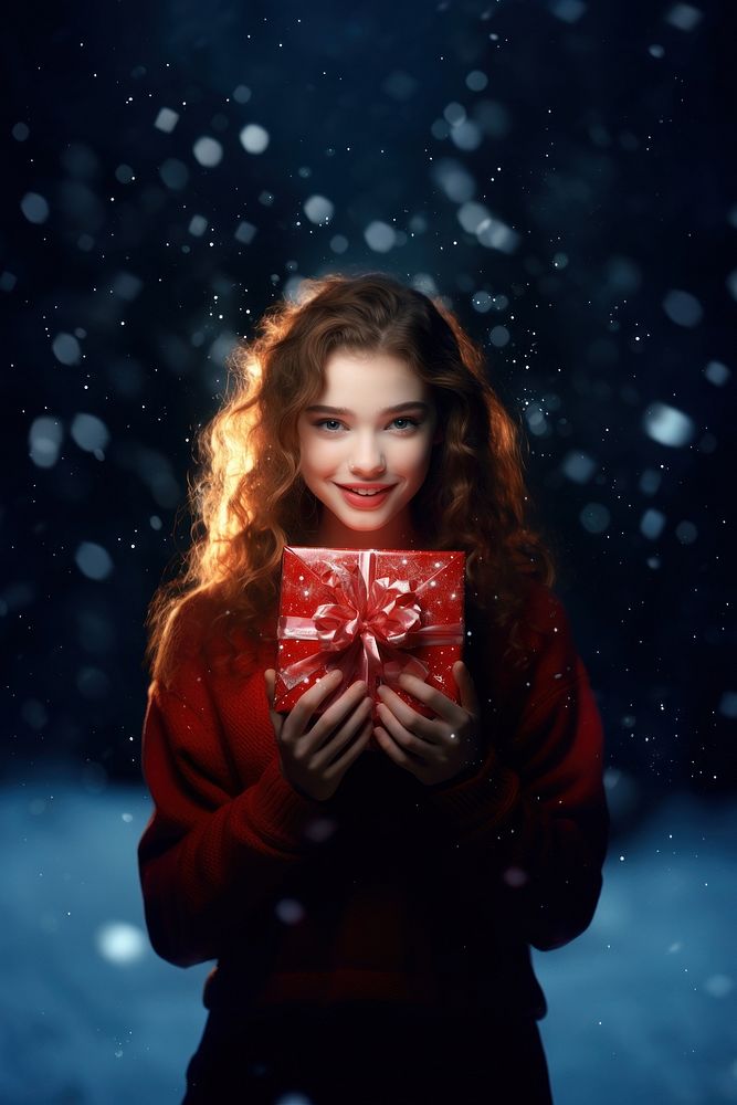 A girl holding a christmas gift portrait photo smile. AI generated Image by rawpixel.