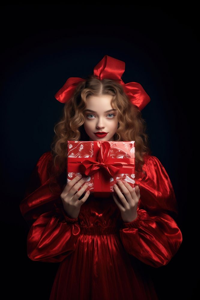 A girl holding a christmas gift child photo red. AI generated Image by rawpixel.
