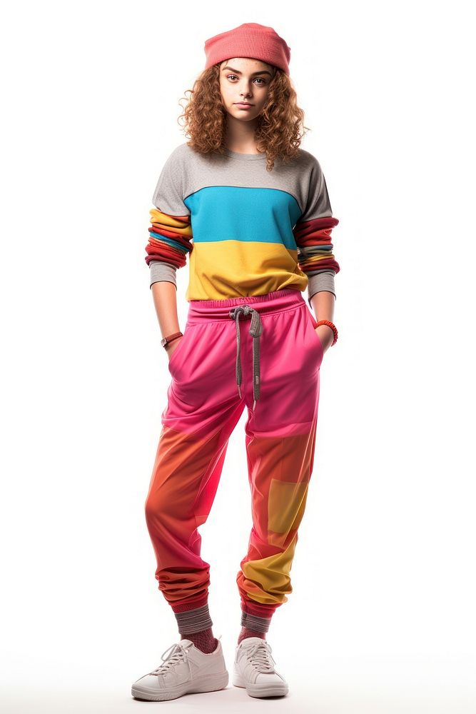 A teenage wearing modern retro colourful fashion outfit standing costume white background. AI generated Image by rawpixel.