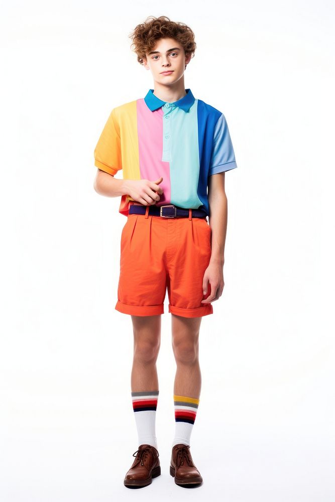 A teenage wearing modern retro colourful fashion outfit shorts white background accessories. AI generated Image by rawpixel.