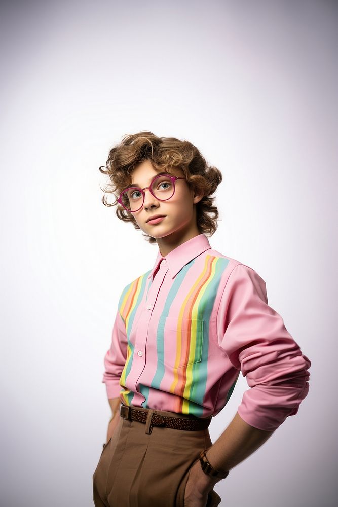 A teenage wearing modern retro colourful fashion outfit photography portrait glasses. AI generated Image by rawpixel.
