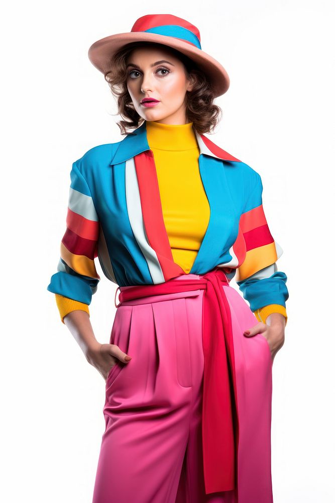 A woman wearing modern retro colourful fashion outfit sleeve adult white background. AI generated Image by rawpixel.