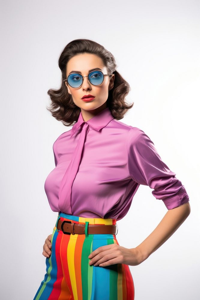 A woman wearing modern retro colourful fashion outfit photography portrait sleeve. 