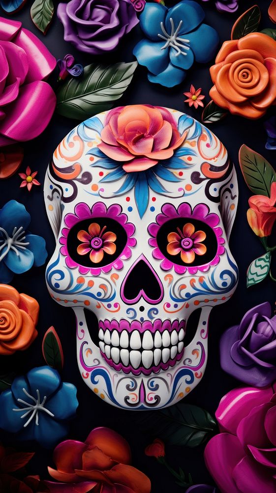 A sugar skull background pattern flower purple. AI generated Image by rawpixel.