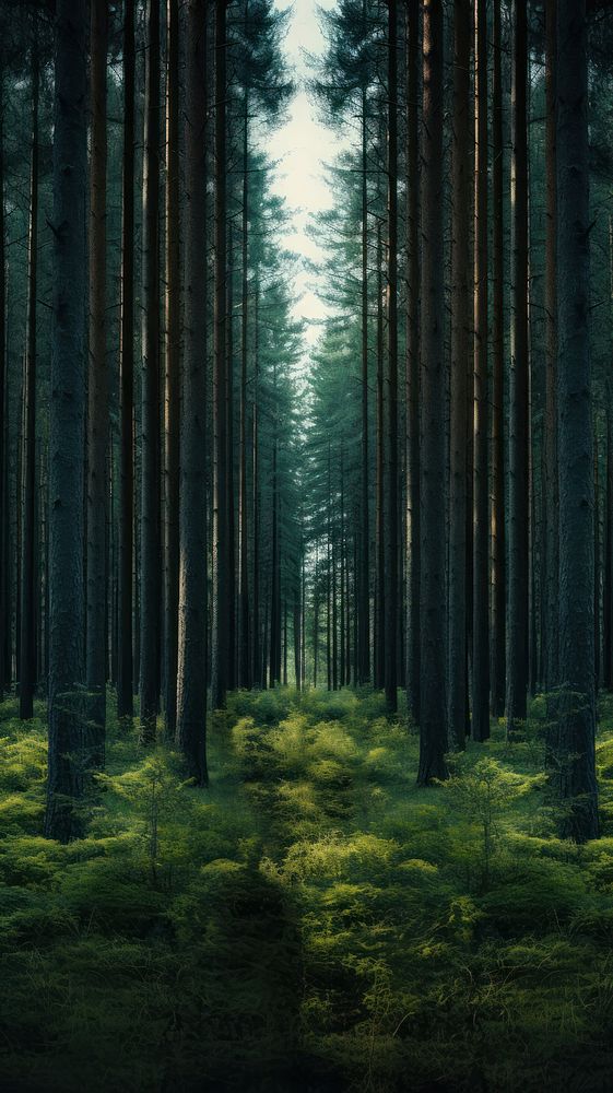 Deep pine forest background landscape woodland outdoors. 