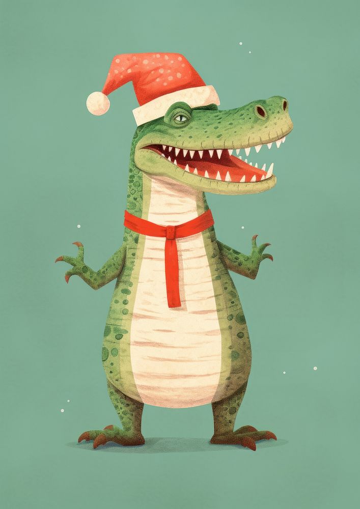Happy crocodile celebrating Christmas wearing Santa hat christmas drawing animal. AI generated Image by rawpixel.
