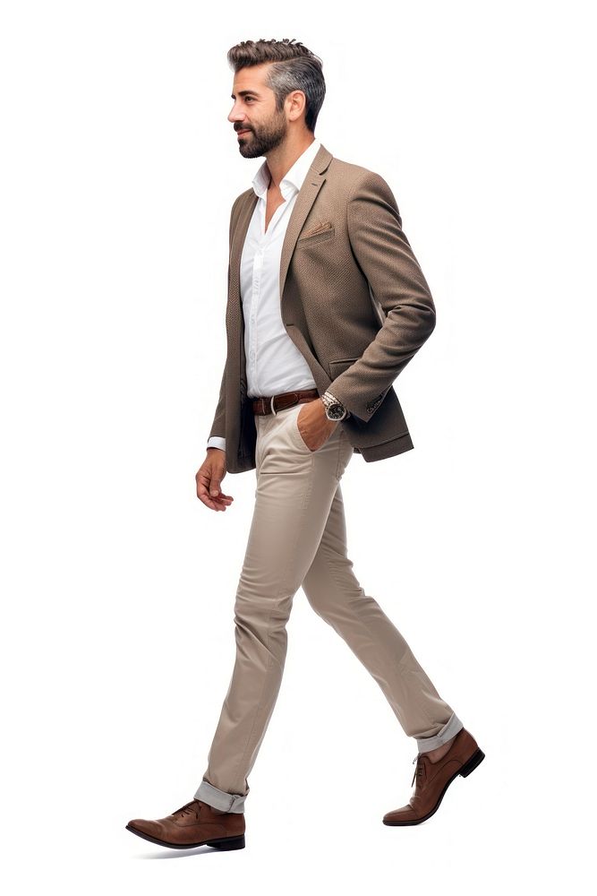 Confident successful smart casual businessman walking with hands in pockets blazer adult khaki. AI generated Image by…