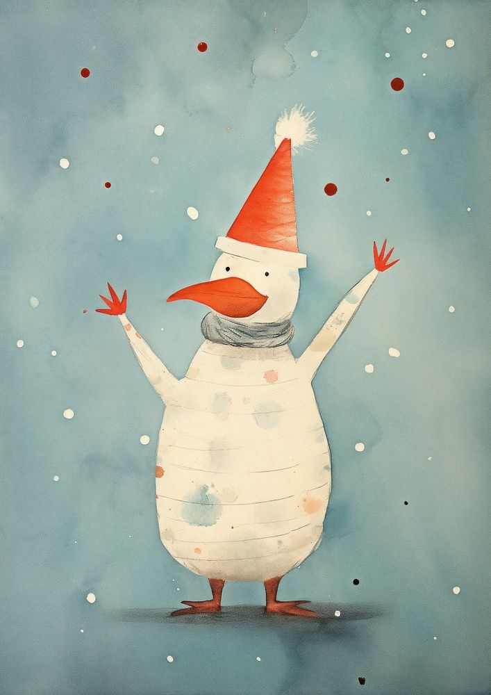 Duck celebrating Christmas art snowman hat. AI generated Image by rawpixel.