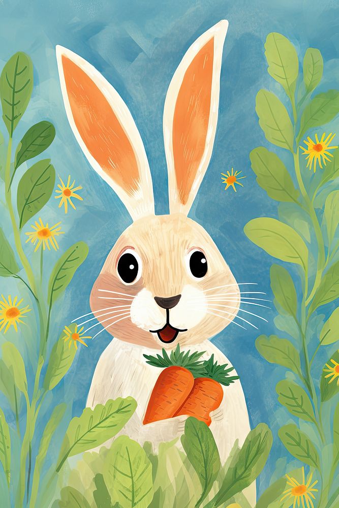 A rabbit carrying a carrot animal painting mammal. AI generated Image by rawpixel.