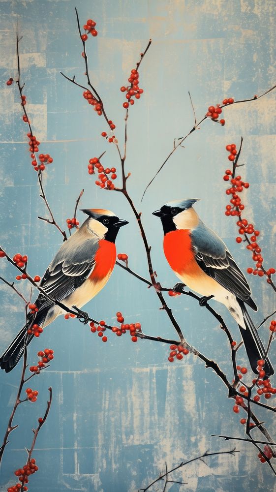 Bohemian waxwing birds painting animal plant. AI generated Image by rawpixel.