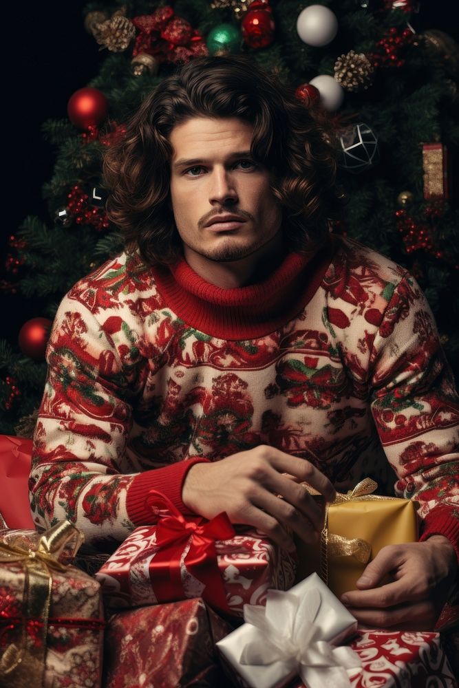 Man hold gift christmas sweater adult. 