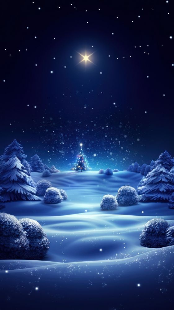 Christmas tree snowing night wallpaper outdoors nature illuminated. AI generated Image by rawpixel.