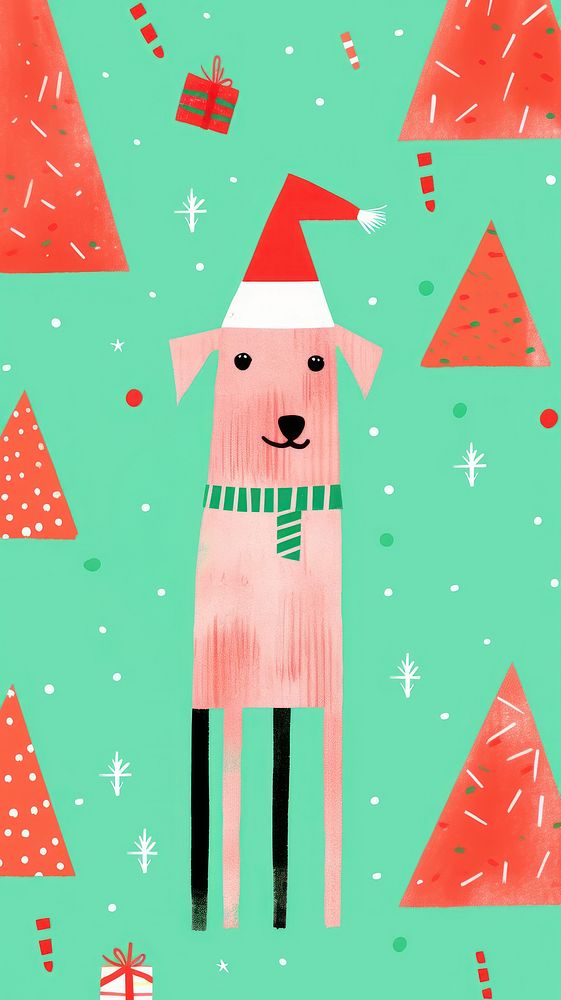Pattern dog celebrating Christmas wearing Santa hat holding a gift box art christmas paper. AI generated Image by rawpixel.