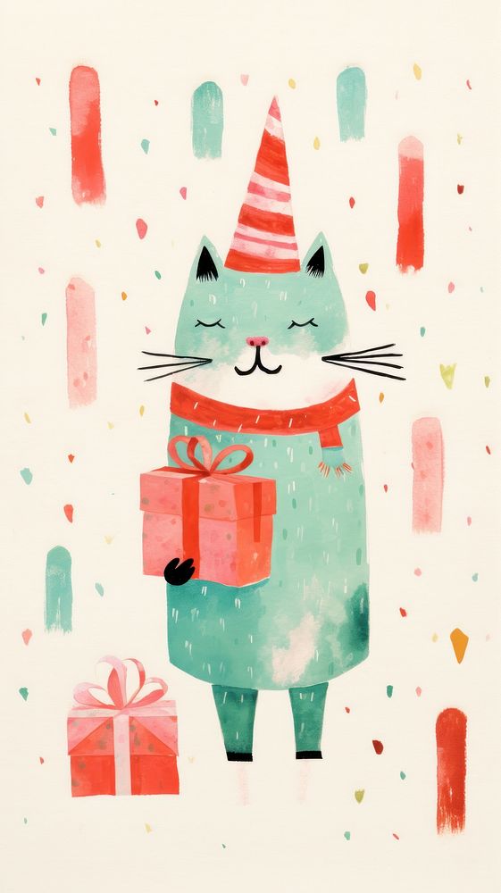 Pattern cat celebrating Christmas wearing Santa hat holding a gift box art christmas representation. AI generated Image by…
