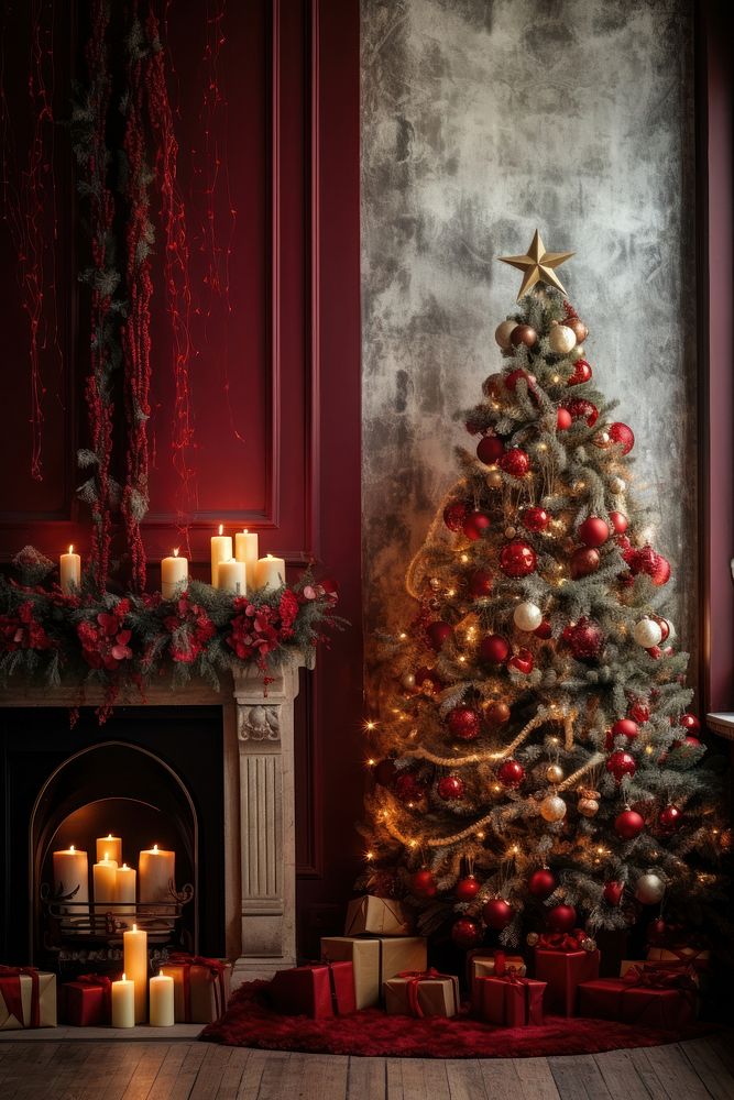 Christmas wallpaper christmas fireplace candle. AI generated Image by rawpixel.