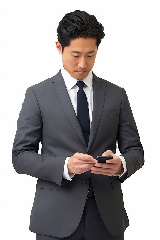 American-asian businessmen wearing suit using moblie phone blazer tuxedo adult. AI generated Image by rawpixel.