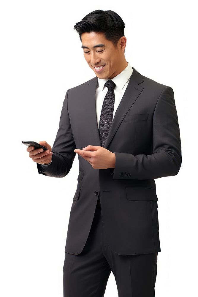 American-asian businessmen wearing suit using moblie phone tuxedo adult white background. AI generated Image by rawpixel.