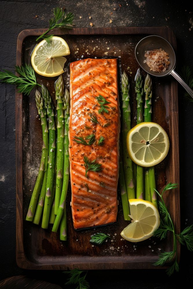 Grill salmon asparagus seafood meat. AI generated Image by rawpixel.
