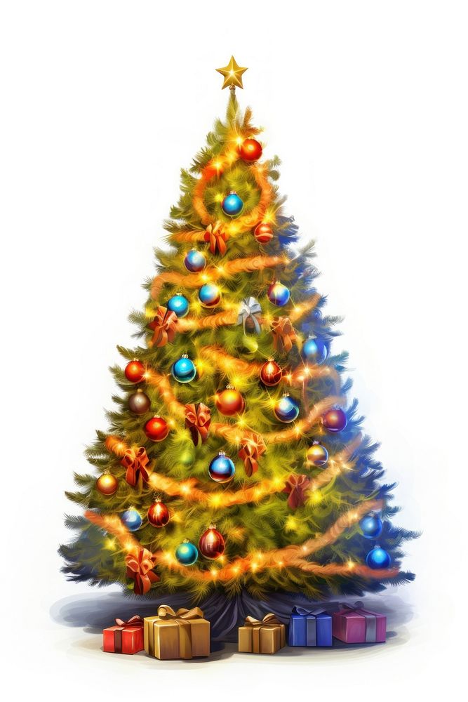 Christmas tree with light and decorations plant white background illuminated. AI generated Image by rawpixel.