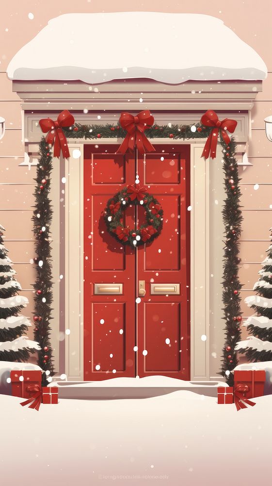 Red door christmas building snow. AI generated Image by rawpixel.
