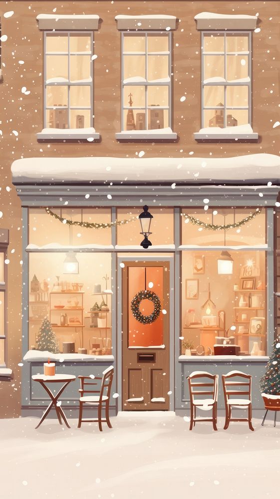 British shop cafe window chair snow. AI generated Image by rawpixel.